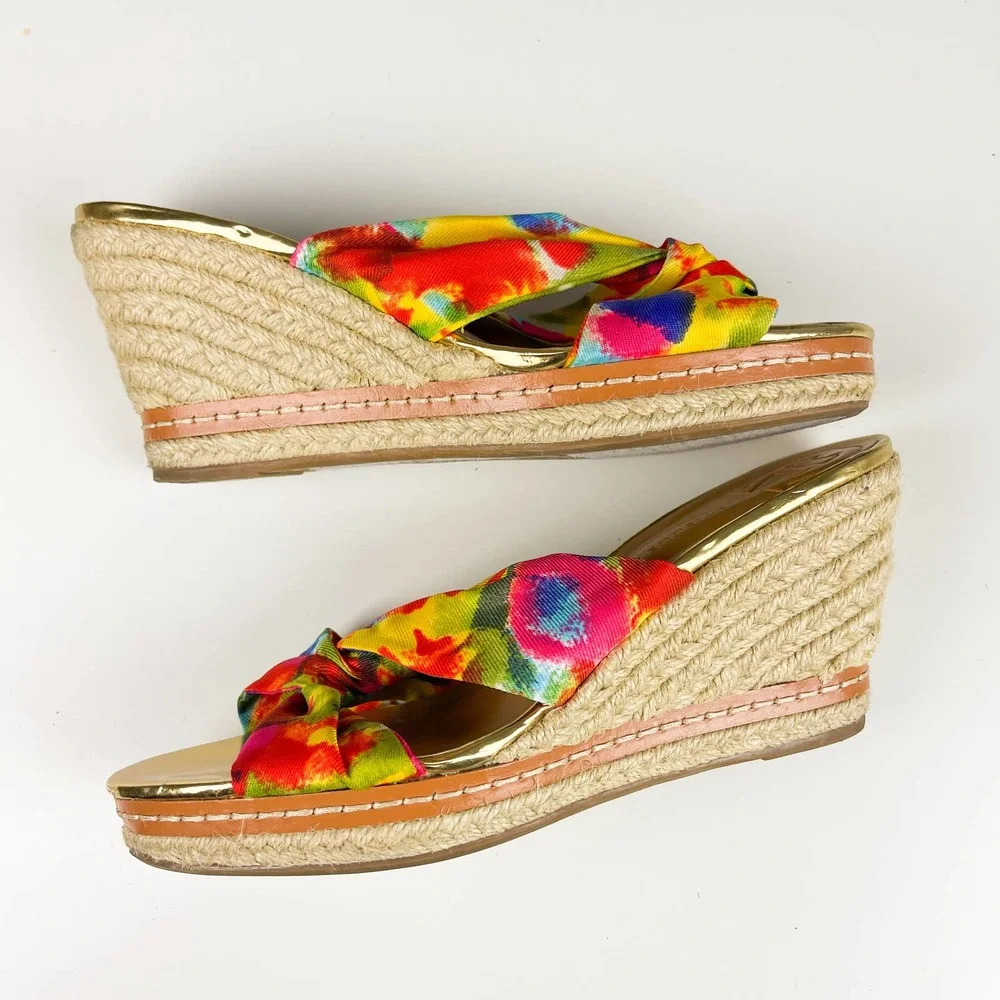 Etienne Aigner 8 Krista Watercolor Tie Dye Espadrille Wedge Sandals 3.5” Heel
